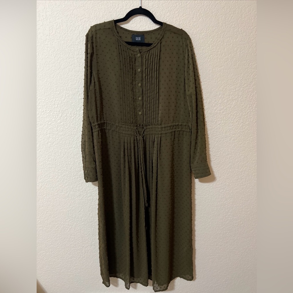 GOLDIE MAXI DRESS Sz ML 12-14‎ Textured Moss Green Sheer Long Slv Waist Tie Boho